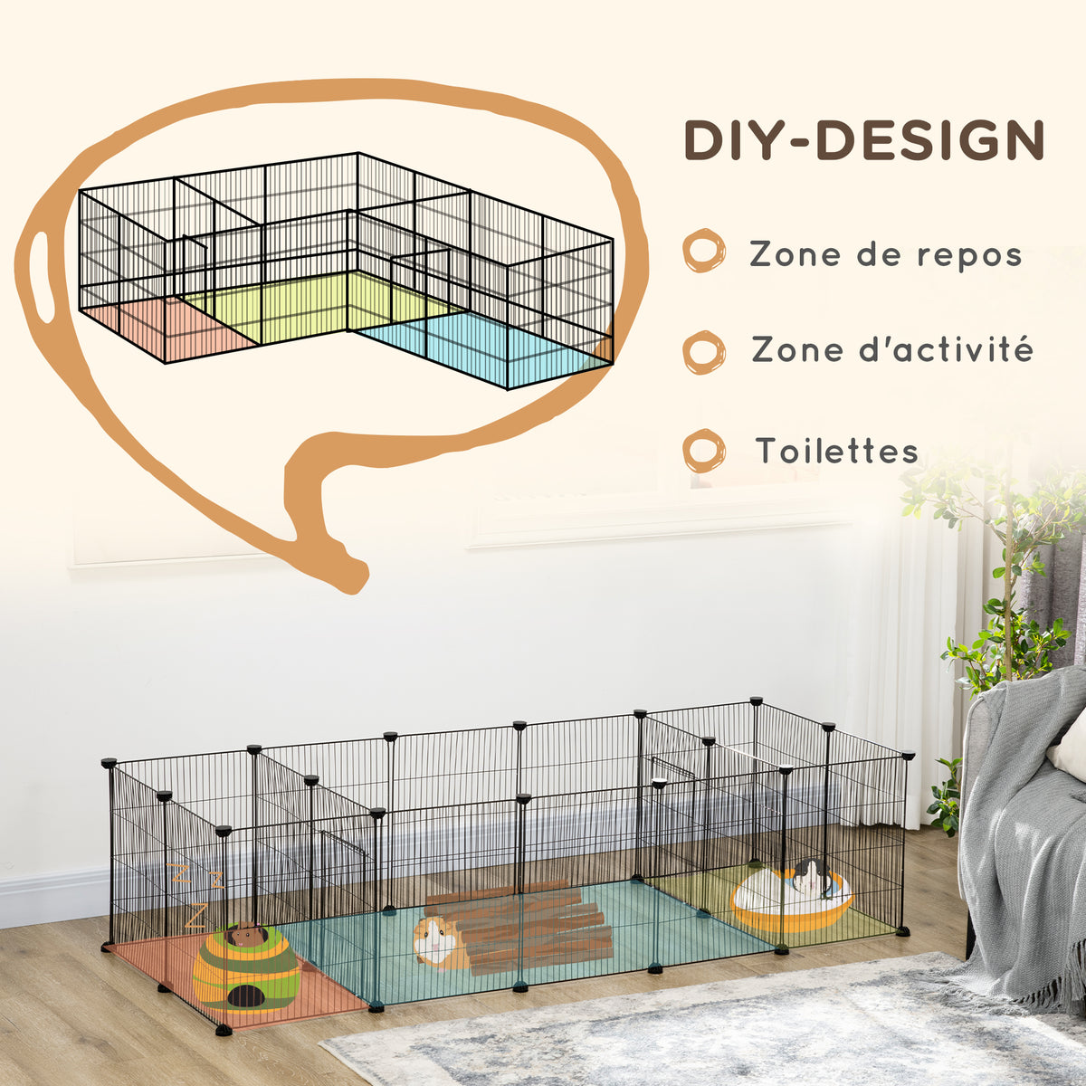 Enclos parc modulable pour petits animaux lapins rongeurs chiots 18 panneaux en fil d'acier 2 portes 175 x 70 x 45 noir-4