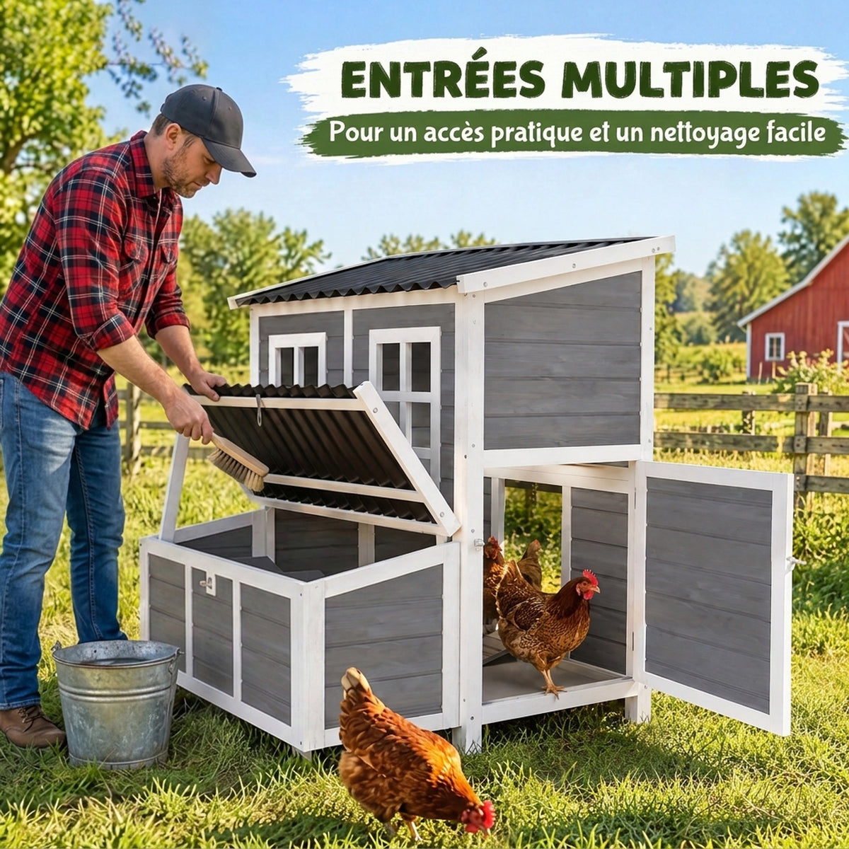 Poulailler en bois XL avec nichoir 3 compartiments tiroir amovible toit imperméable porte-rampe 100x86x100cm gris-5