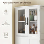 Meuble de salle de bain haut 6 niveaux, meuble de rangement avec 4 portes dont 2 vitrées et étagères réglables, blanc-5