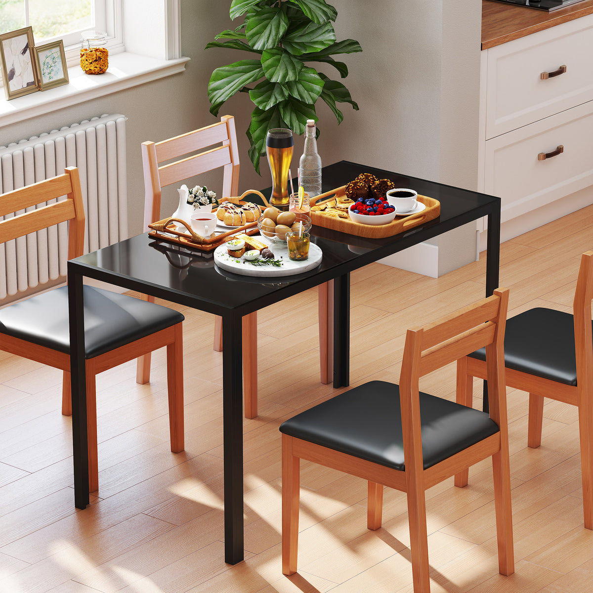 Table à manger pour 4 personnes, table de cuisine avec plateau en verre trempé et pieds en métal, 120x60x75cm, noir-1