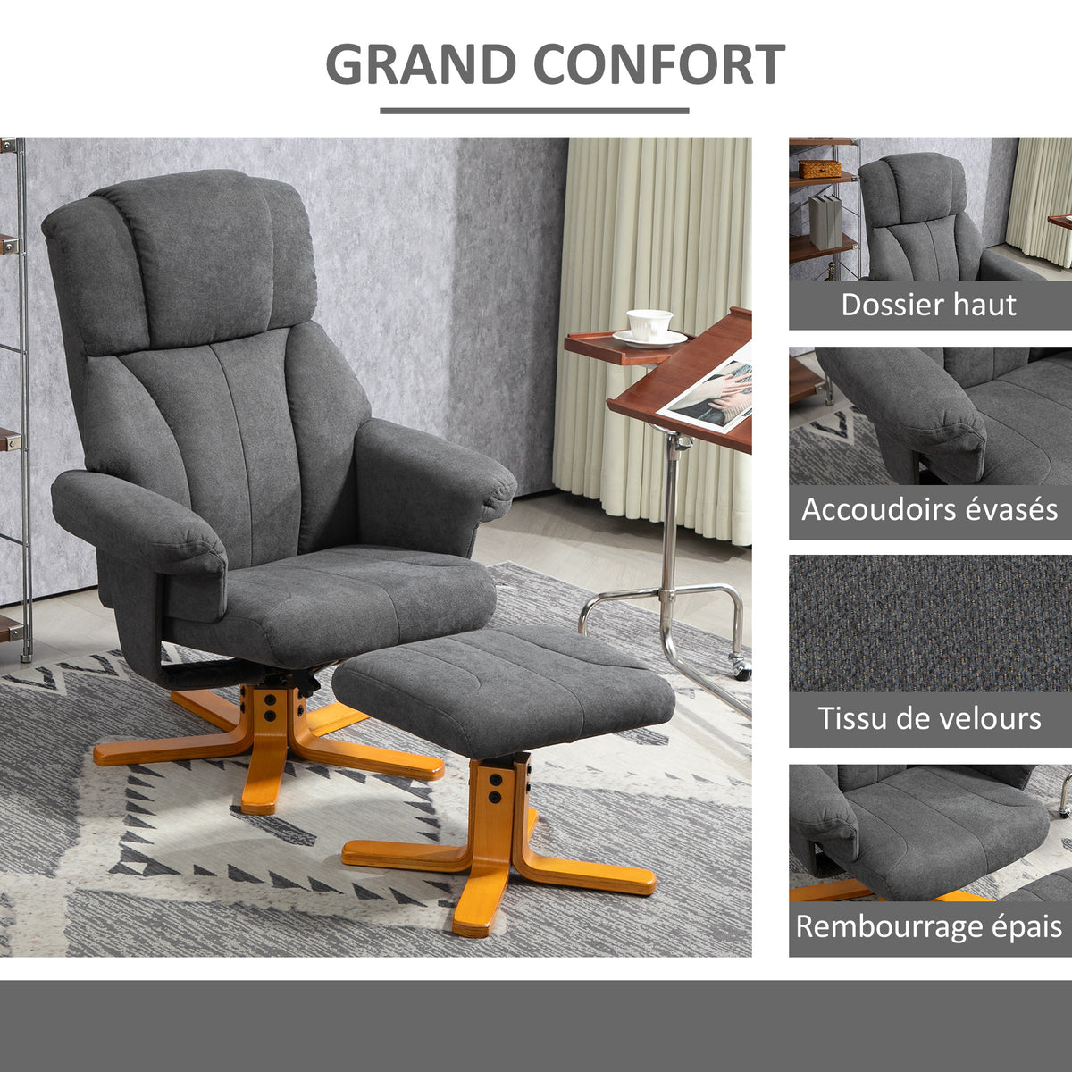 Fauteuil relax avec repose-pied, fauteuil de relaxation, dossier inclinable, assise rembourrée, 79x80x104cm, gris foncé-5