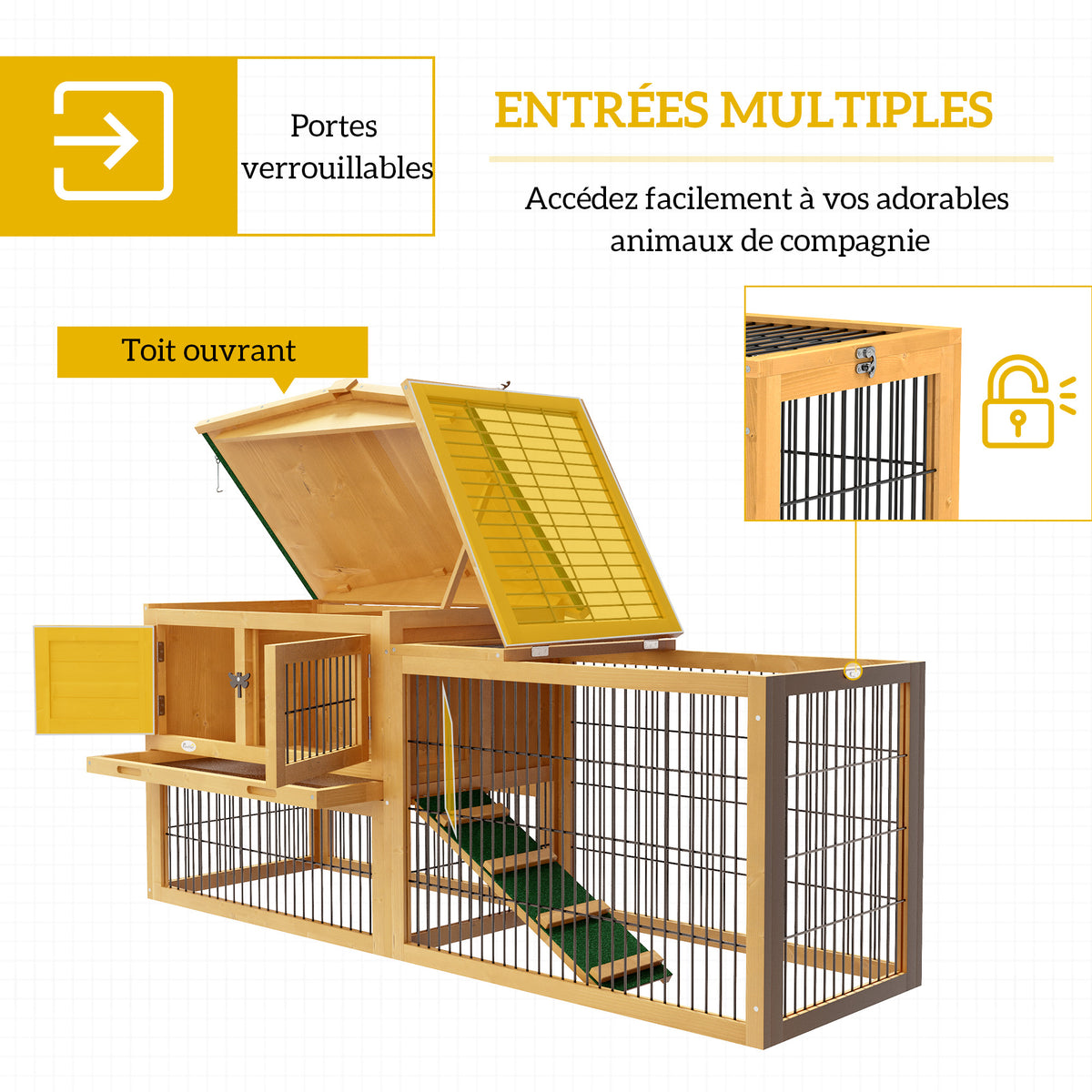 Clapier de sol cage à lapin niche supérieure avec rampe enclos extérieur porte verrouillable 150 x 52,5 x 68 cm jaune-4