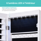 Armoire à bijoux suspendue au mur ou à la porte avec miroir, LED, 5 étagères, 2 tiroirs, 37x10x120cm, effet bois grisé-3