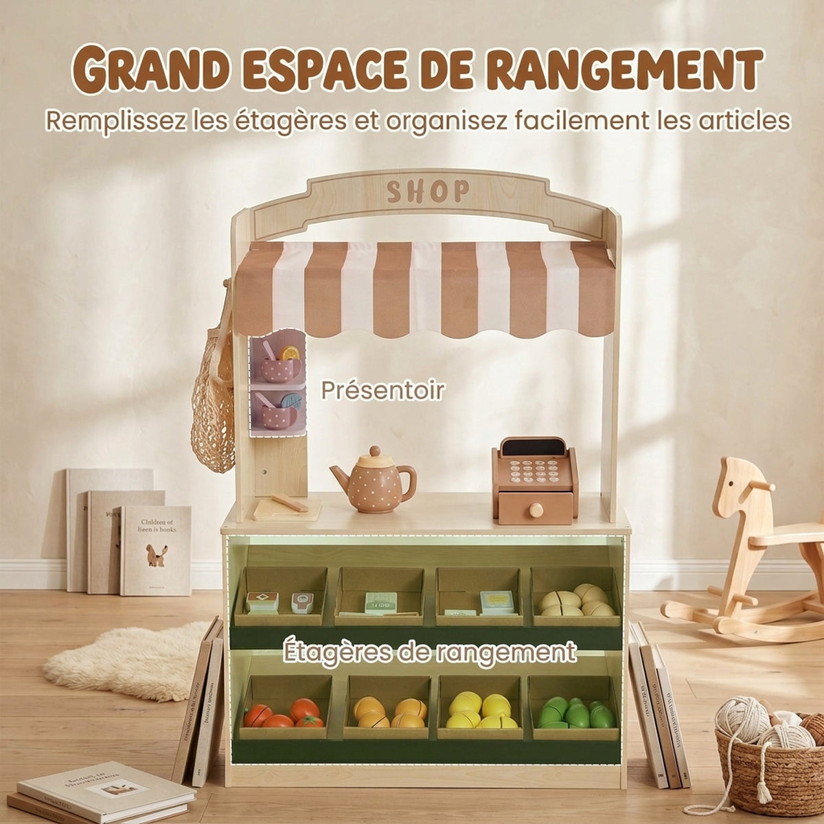 Marchande Enfants en Bois, Caisse Enregistreuse, Aliments Factices, Tableau à Craie et 61 Accessoires, pour 3 à 8 Ans-5