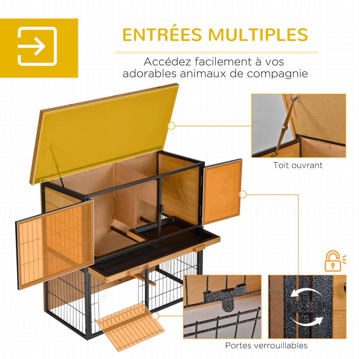 Clapier à lapin cage à lapin 2 niveaux 3 portes verrouillables rampe toit ouvrant bitûmé métal époxy pin pré-huilé-4