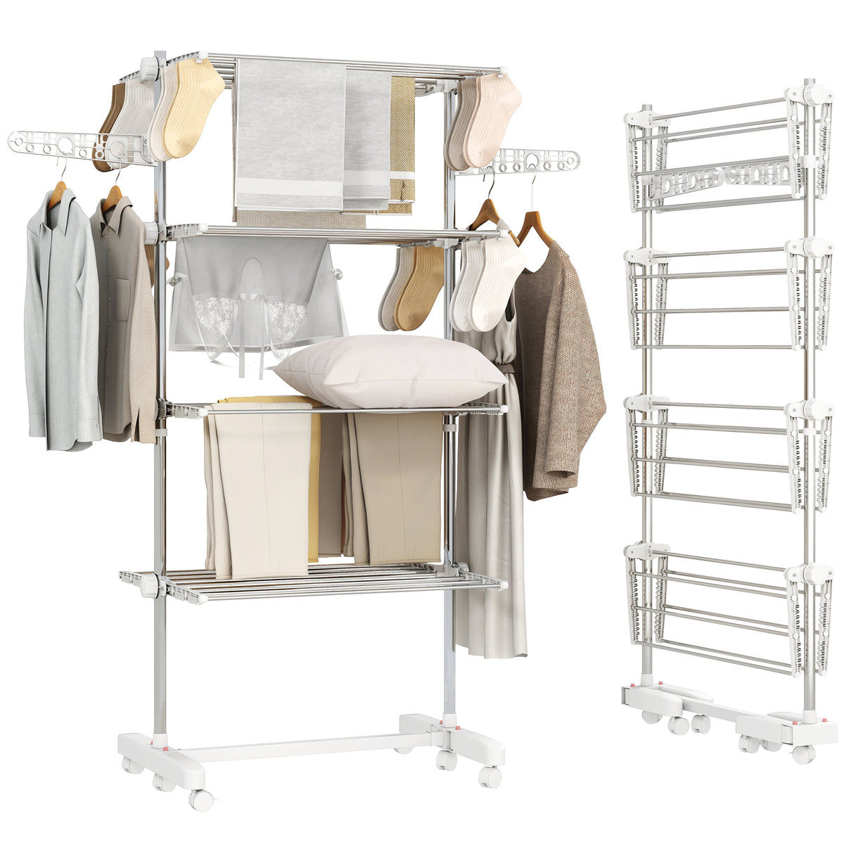 Étendoir à Linge 4 Niveaux, Sechoir a Linge avec 6 Roulettes, Pliable, Cadre en Acier Inoxydable et Ailes Latérales, pour Intérieur Extérieur, 142 x 55 x 172 cm, Blanc-0