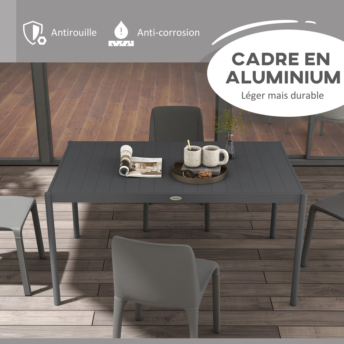 Table de jardin rectangulaire pour 6 personnes en aluminium plateau à lattes dim. 145L x 90l x 74H cm gris-3