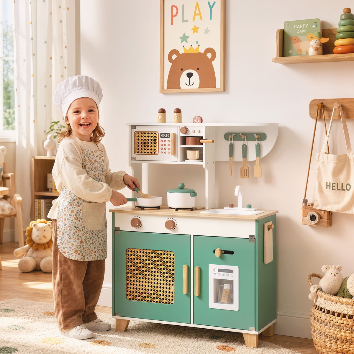 Cuisine Enfant en Bois 19 Accessoires, Cafetière, Machine à Glaçons, Micro-Ondes, Placard, 3-6 Ans, 61x27x79,7cm, Vert-1