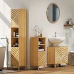 Armoire salle de bain, meuble de rangement colonne, portes en bambou, étagères réglables, 32x30x170cm, bois naturel-7