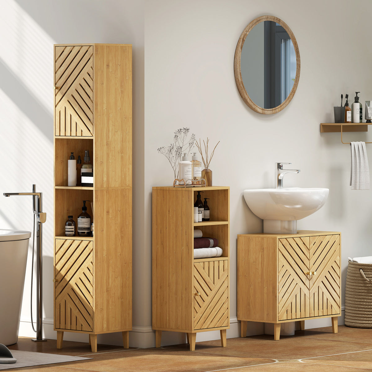 Armoire salle de bain, meuble de rangement colonne, portes en bambou, étagères réglables, 32x30x170cm, bois naturel-7