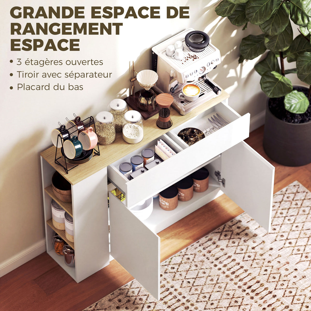 Buffet meuble de rangement avec 2 tiroirs 3 étagères ouvertes et placard 2 portes 110 x 29,5 x 82 cm blanc-3