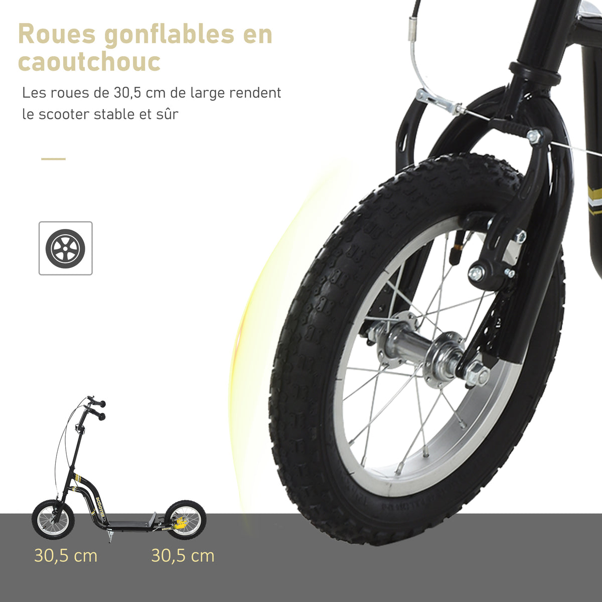 Trottinette enfants, grandes roues pneumatiques 12 pouce en caoutchouc, charge 100 kg, trottinette tout terrain avec double freins, hauteur réglable et béquille latérale, 5 à 12 ans, noir-6