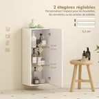Meuble Mural de Salle de Bain, Étagère Réglable en Verre Trempé, Porte sans Poignée, Moderne, 30x23,4x71,2cm, Blanc-3