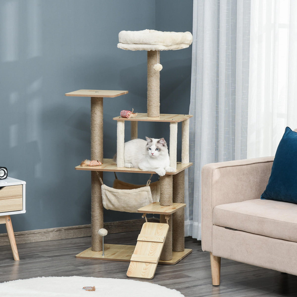 Arbre à chat tour de jeux pour chat, platesformes, niche, lit, hamac, échelle et griffoirs en jute 60x40x130cm jaune-6