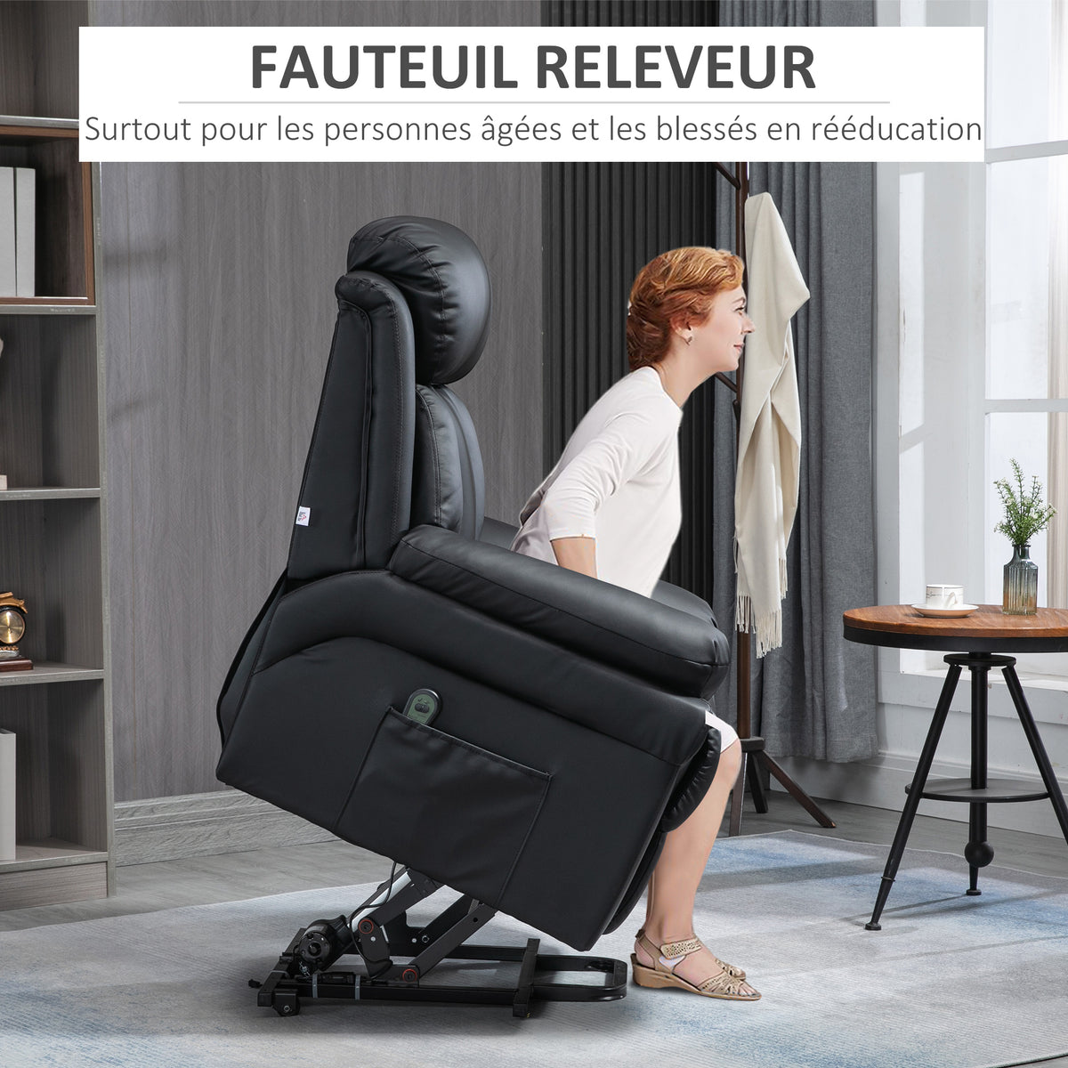 Fauteuil de Relaxation électrique Fauteuil releveur inclinable avec Repose-Pied Ajustable revêtement synthétique Noir-3
