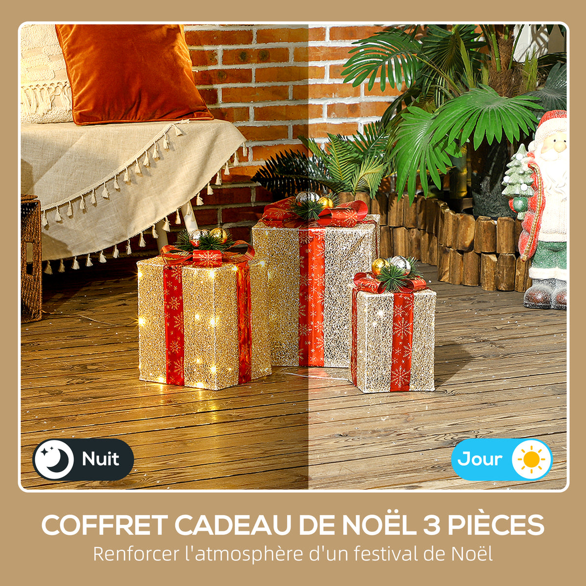 Boîtes cadeaux Noël lumineuse décorations de Noël avec nœud 58 lumières lot de 3 boîtes à cadeaux à LED or-3