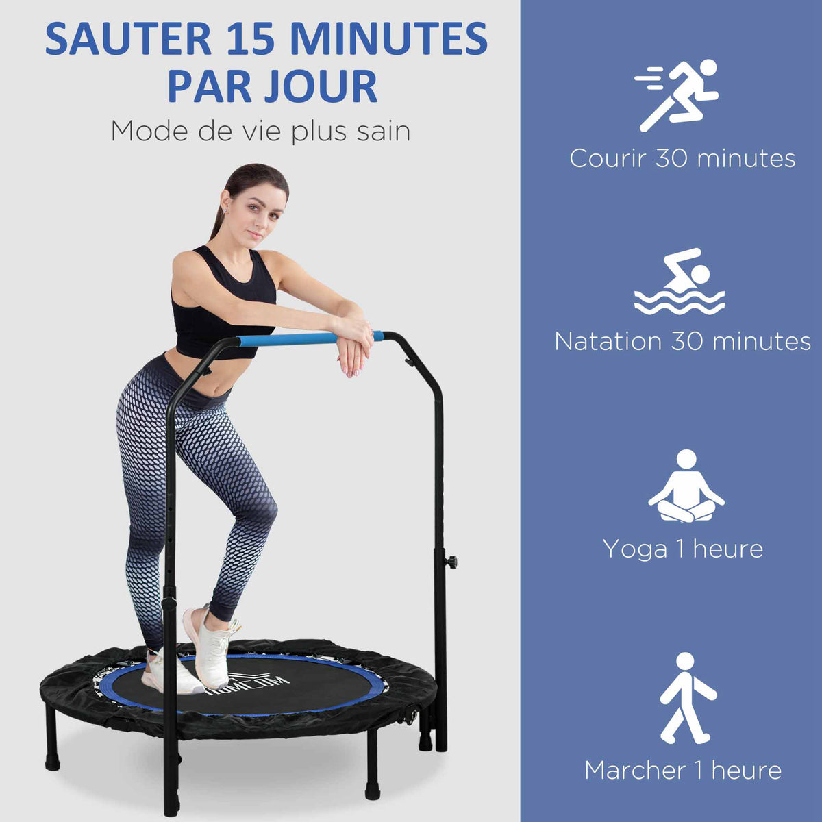 Trampoline de fitness gymnastique avec poignée réglable, pliable, 6 pieds, 28 ressorts Ø 102 cm, noir bleu-6