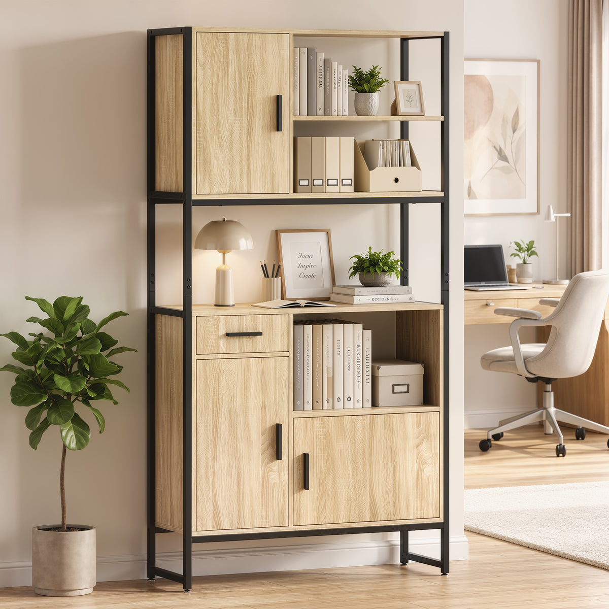 Buffet Haut Cuisine, Armoire de Cuisine, 3 Portes à Fermeture Douce, Tiroir, Plan de Travail, Niches Ouvertes, Naturel-8