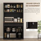 Buffet haut cuisine, armoire de cuisine, 6 portes, 2 tiroirs, plan de travail, étagères réglables, 100x40x180cm, noir-3