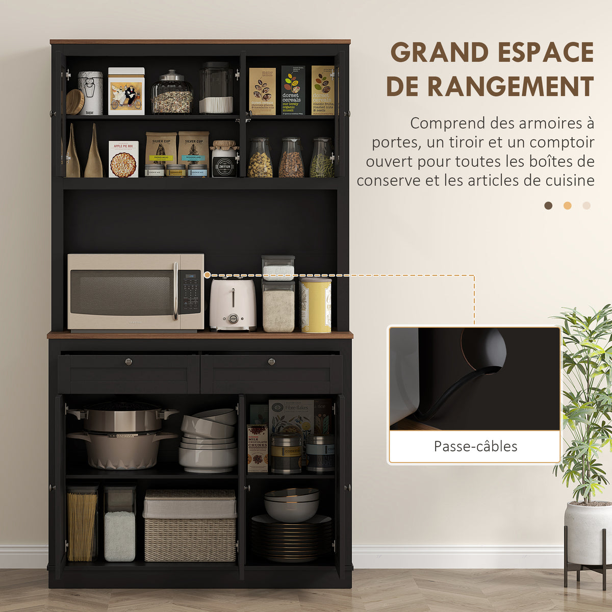Buffet haut cuisine, armoire de cuisine, 6 portes, 2 tiroirs, plan de travail, étagères réglables, 100x40x180cm, noir-3