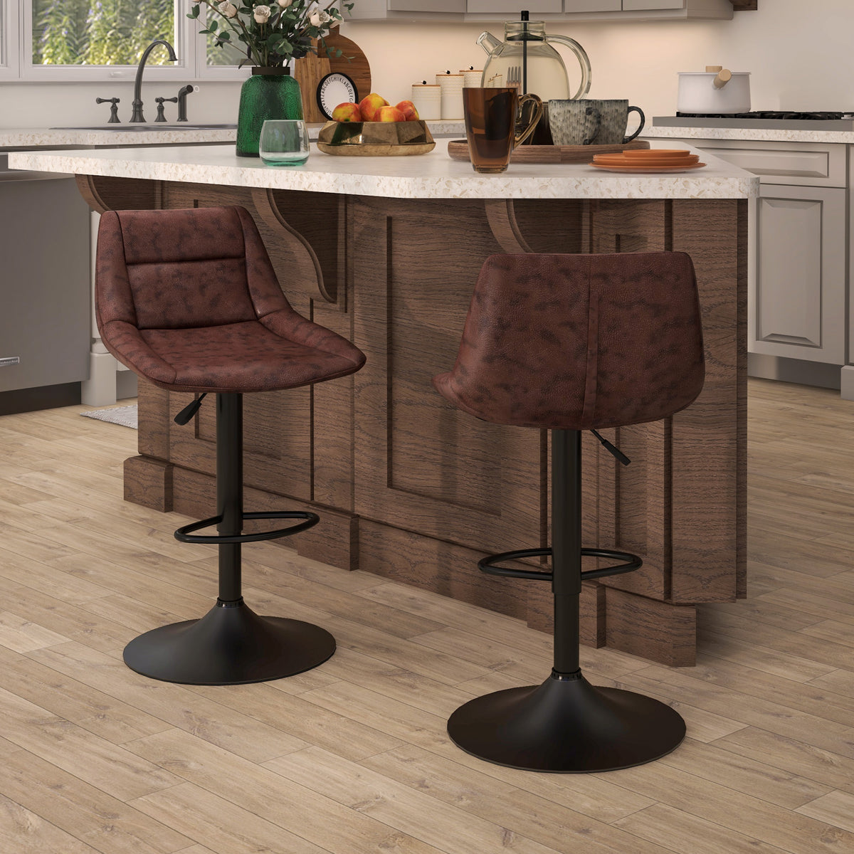 Lot de 2 tabourets de Bar Vintage réglable pivotant avec Repose-Pied revêtement synthétique Marron Effet Vieilli-6