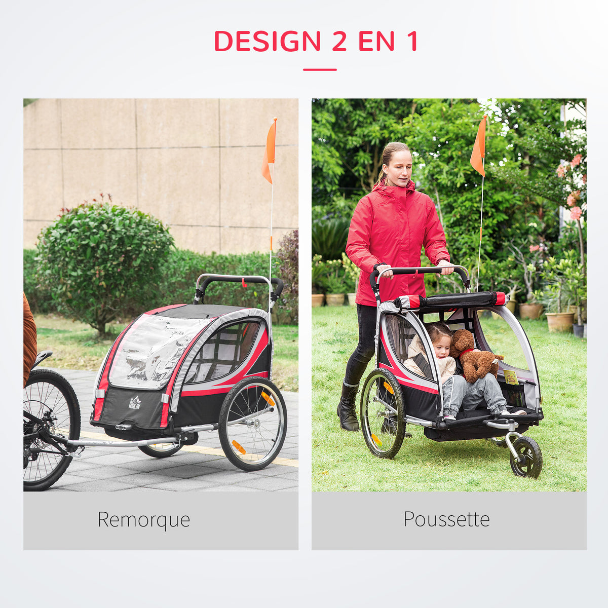 Remorque vélo pour enfant 2 en 1 convertible jogger poussette capacité 26,4 kg avec réflecteurs et drapeau - 2 places - rouge-3
