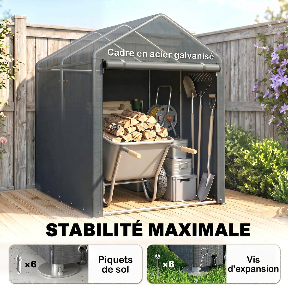 Abri de jardin tente de stockage portable avec cadre en métal galvanisé et grande porte, 1,2 x 1,8 m-4