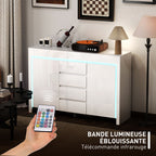 Buffet salon, meuble de rangement avec éclairage LED 4 tiroirs portes à fermeture douce 120 x 34 x 80 cm, blanc brillant-3