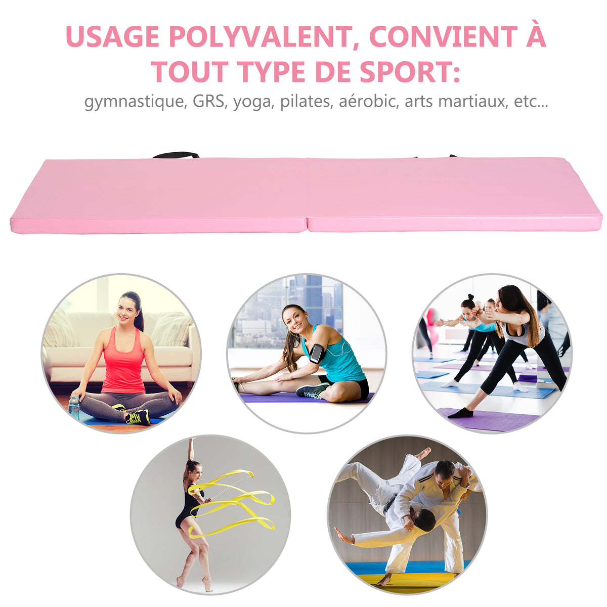 Tapis de gymnastique yoga pilates fitness pliable portable grand confort 180L x 60l x 5H cm revêtement synthétique rose-3