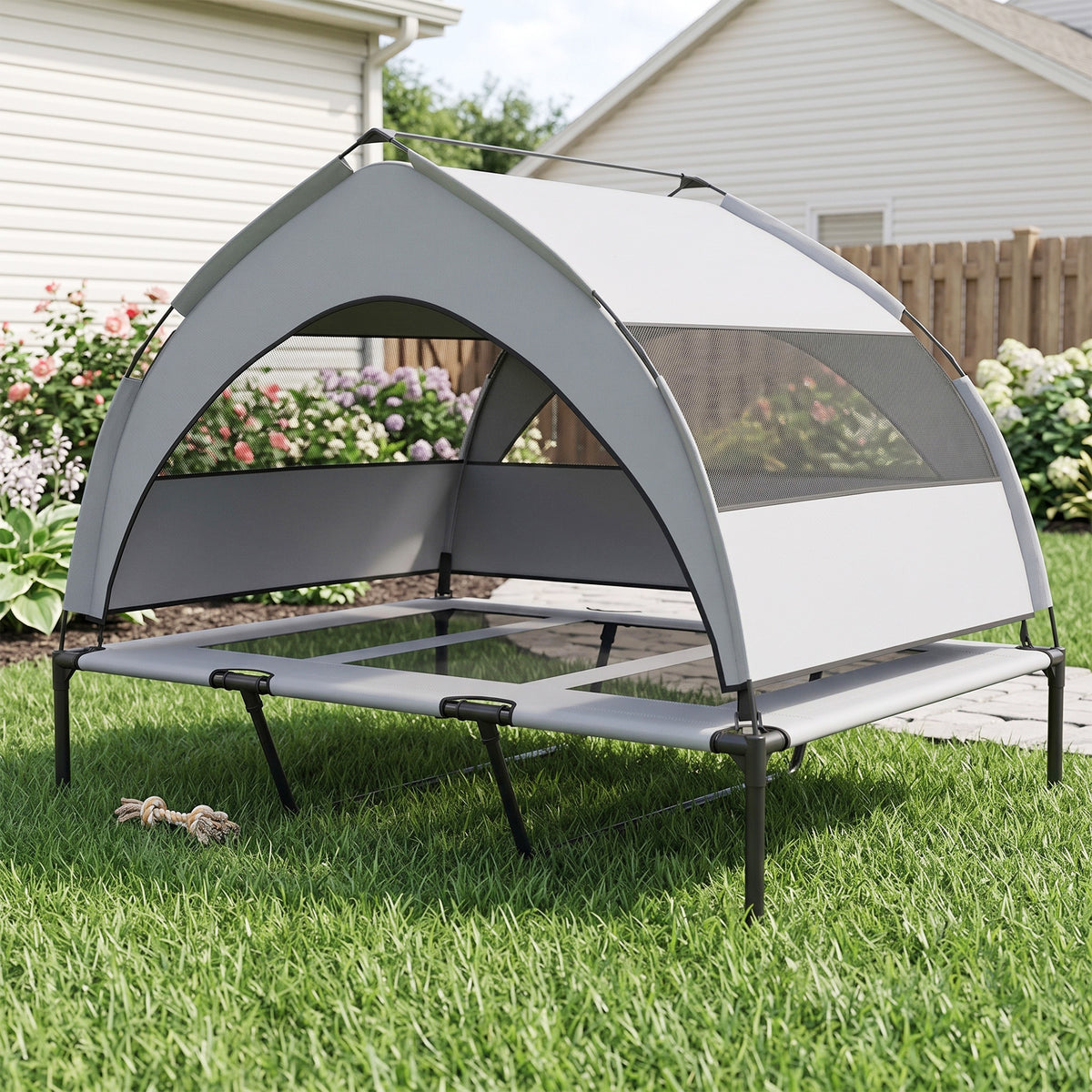 Lit pour Chien Surélevé Tente pour Chien avec Auvent Tente 3 Côtés Respirant Textilène Sac 122x92x94cm Gris Clair-1