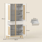 Buffet haut cuisine, armoire de cuisine avec 4 portes, 2 tiroirs et étagères réglables, 80x35x170cm, blanc et chêne-2