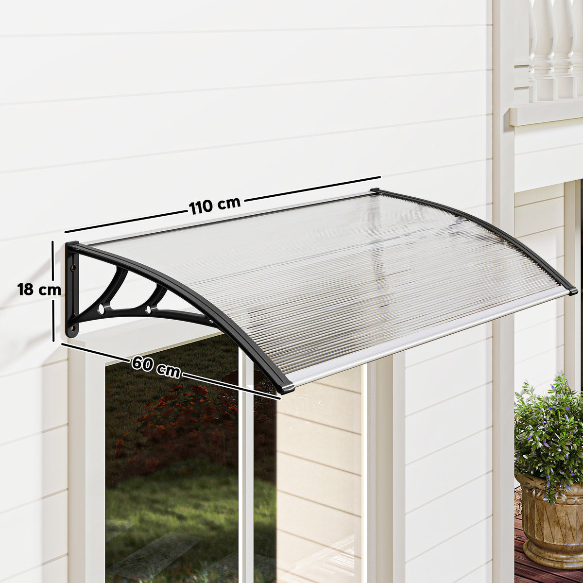 Auvent de Porte d'Entrée, Toit Marquise de Porte Extérieur en Polycarbonate et Profil Aluminium, 110x60cm, Transparent-2