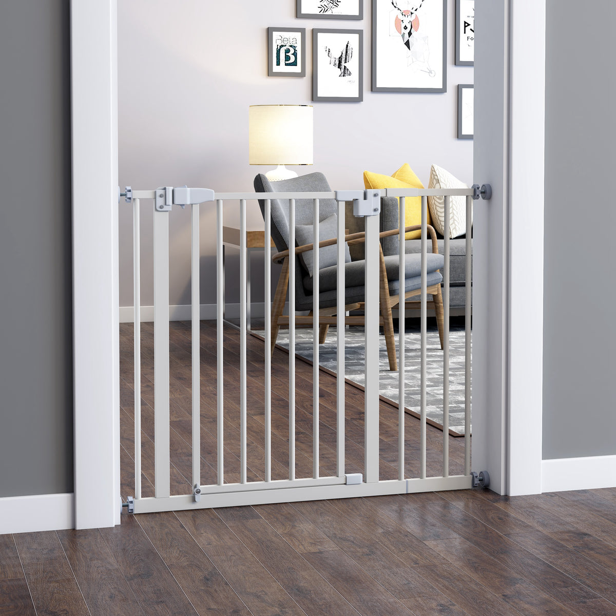 Barrière de sécurité largueur réglable 74-80 / 91,5-97,5 cm double verrouillage fermeture automatique barrière chien pour porte couloir escalier sans perçage acier blanc-9
