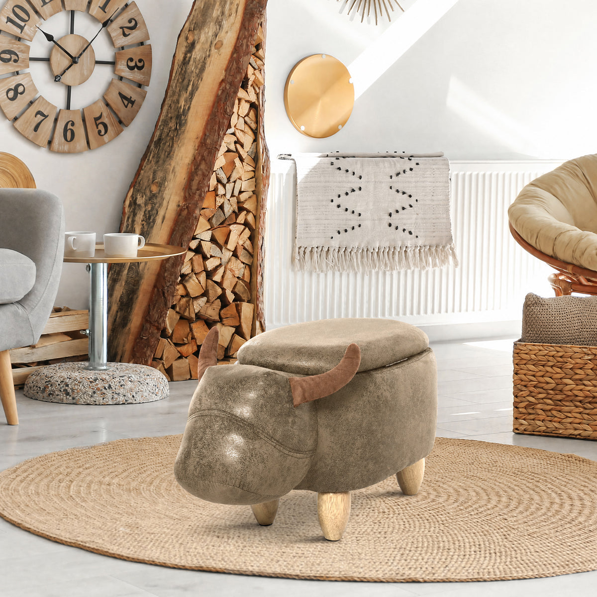 Tabouret Vache - Pouf Vachette - Pouf Taureau Coffre de Rangement 2 en 1 - Pieds Bois d'hévéa revêtement synthétique Aspect Daim Vieilli Marron-1