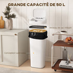 Poubelle cuisine automatique 50L en acier inoxydable, poubelle à capteur de mouvement sans contact, 33x25x84cm, blanc-5