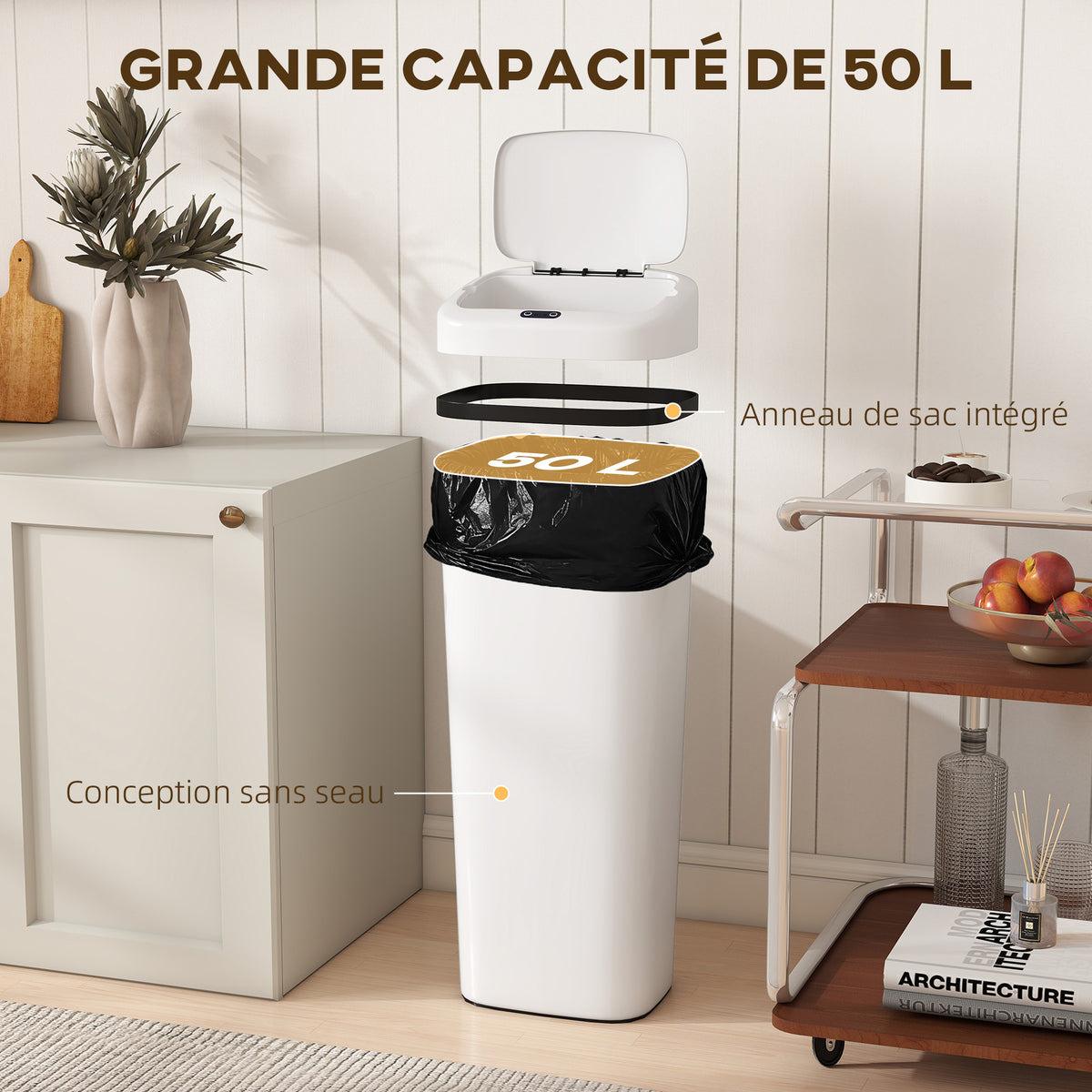 Poubelle cuisine automatique 50L en acier inoxydable, poubelle à capteur de mouvement sans contact, 33x25x84cm, blanc-5