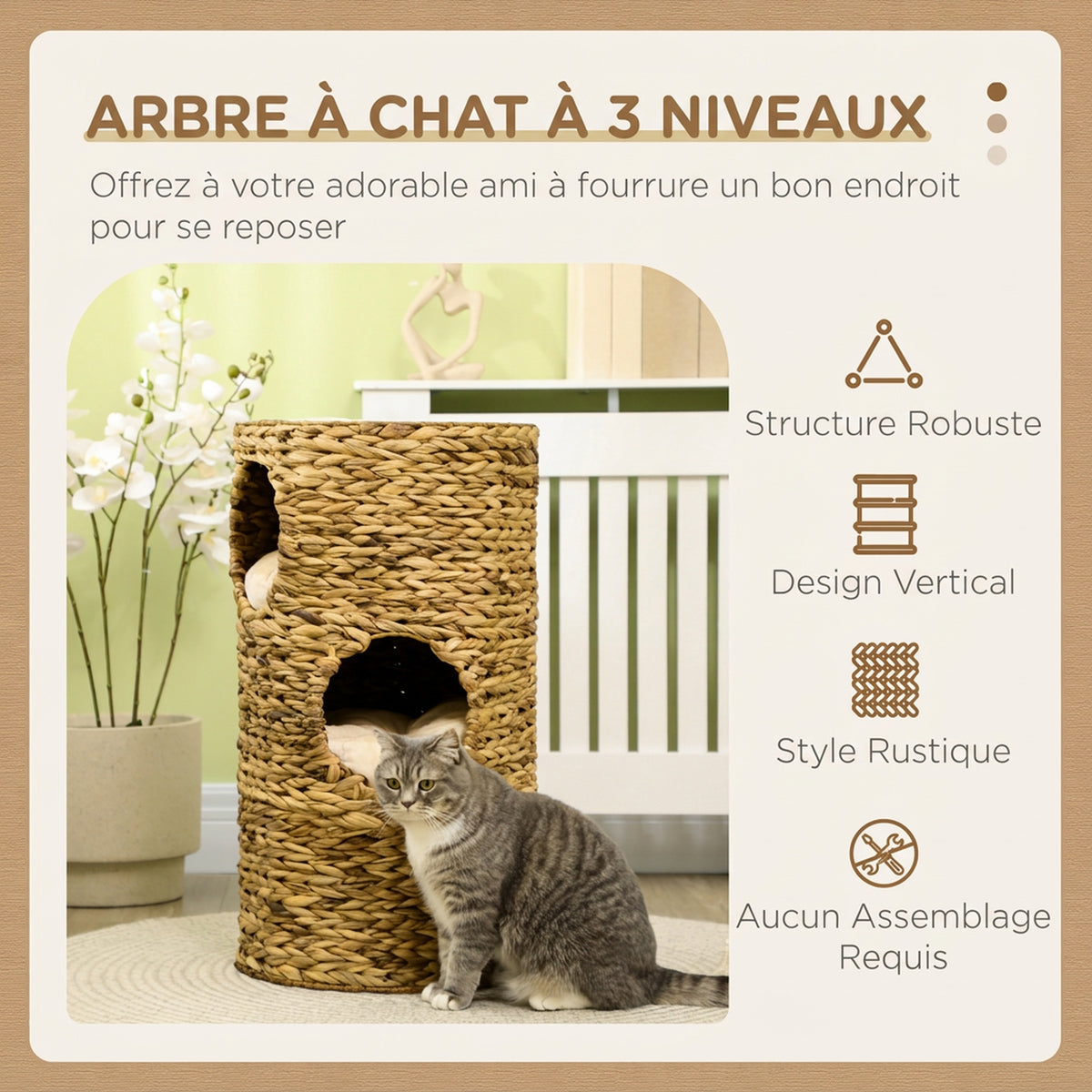 Tonneau à Gratter pour Chat 3 Niveaux, Coussins, Tressage en Jacinthe d'Eau, Cadre en Acier, Ø 40 x 73 cm, Marron Clair-3