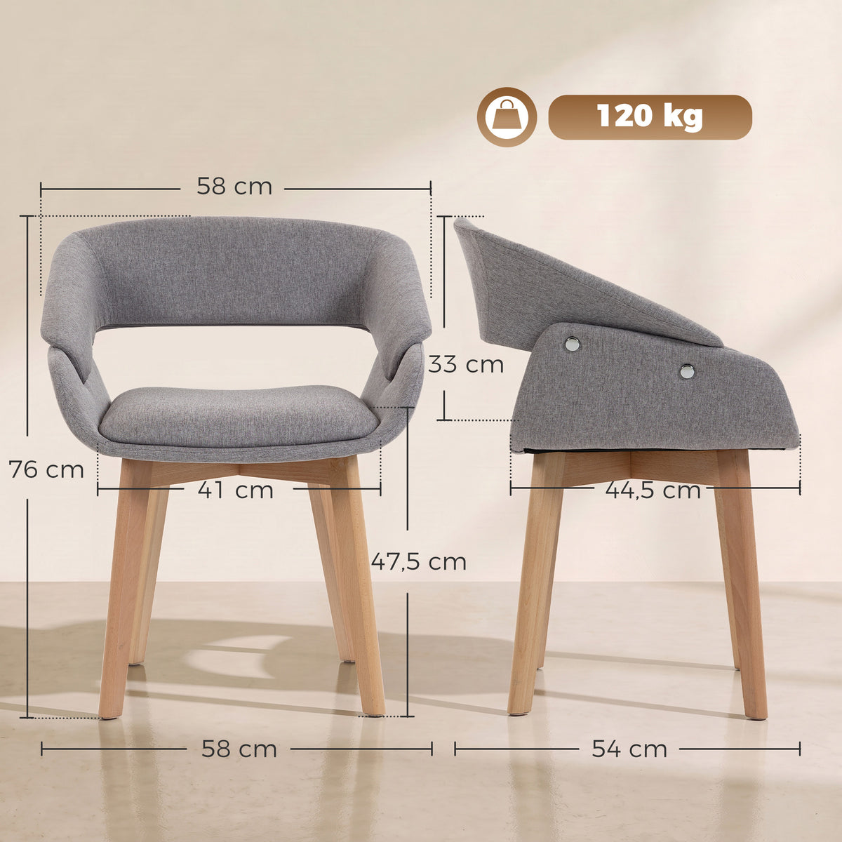 Lot de 2 Chaises Salle à Manger, Chaises de Cuisine en Tissu Effet Lin, Dossier Incurvé, Pieds en Bois de Hêtre, Gris-2