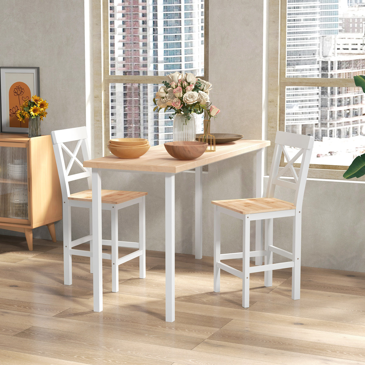 Lot de 2 tabourets de bar, chaises hautes campagne, dossier haut et repose-pieds, 41x46x97,5cm, blanc et bois naturel-1
