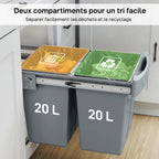 Poubelle cuisine, poubelle sous évier coulissante encastrable avec 2 x 20 L compartiments amovibles, 52x33,5x41cm, gris-4