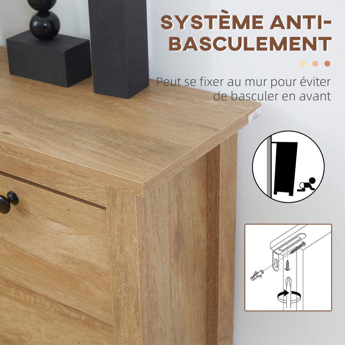 Meuble à chaussures étagère à chaussures armoire 3 portes abattants effet cannage rotin - en bois bois naturel-6