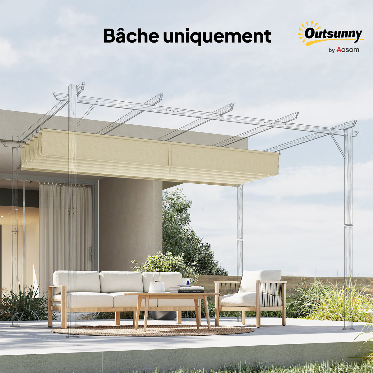 Toile de toit pour pergola tonnelle rétractable de 3 x 3 m - toile uniquement 250 x 255 cm crème-8