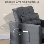 Fauteuil convertible 1 place 3 en 1 dossier réglable en 3 positions oreiller inclus 2 poches latérales 69x82x85cm gris-4