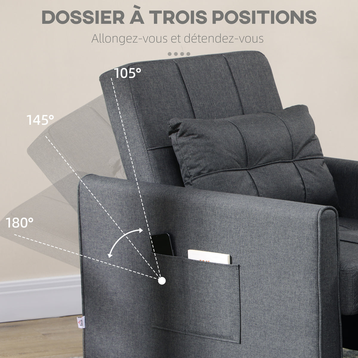 Fauteuil convertible 1 place 3 en 1 dossier réglable en 3 positions oreiller inclus 2 poches latérales 69x82x85cm gris-4