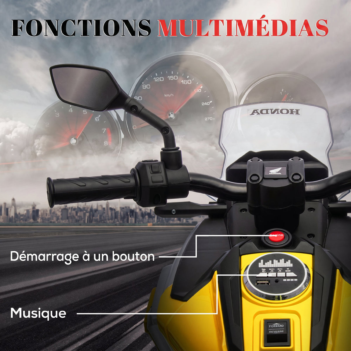 Moto électrique pour enfants moto porteur Honda pour enfants 3 à 6 ans avec musique, phares jaune-4