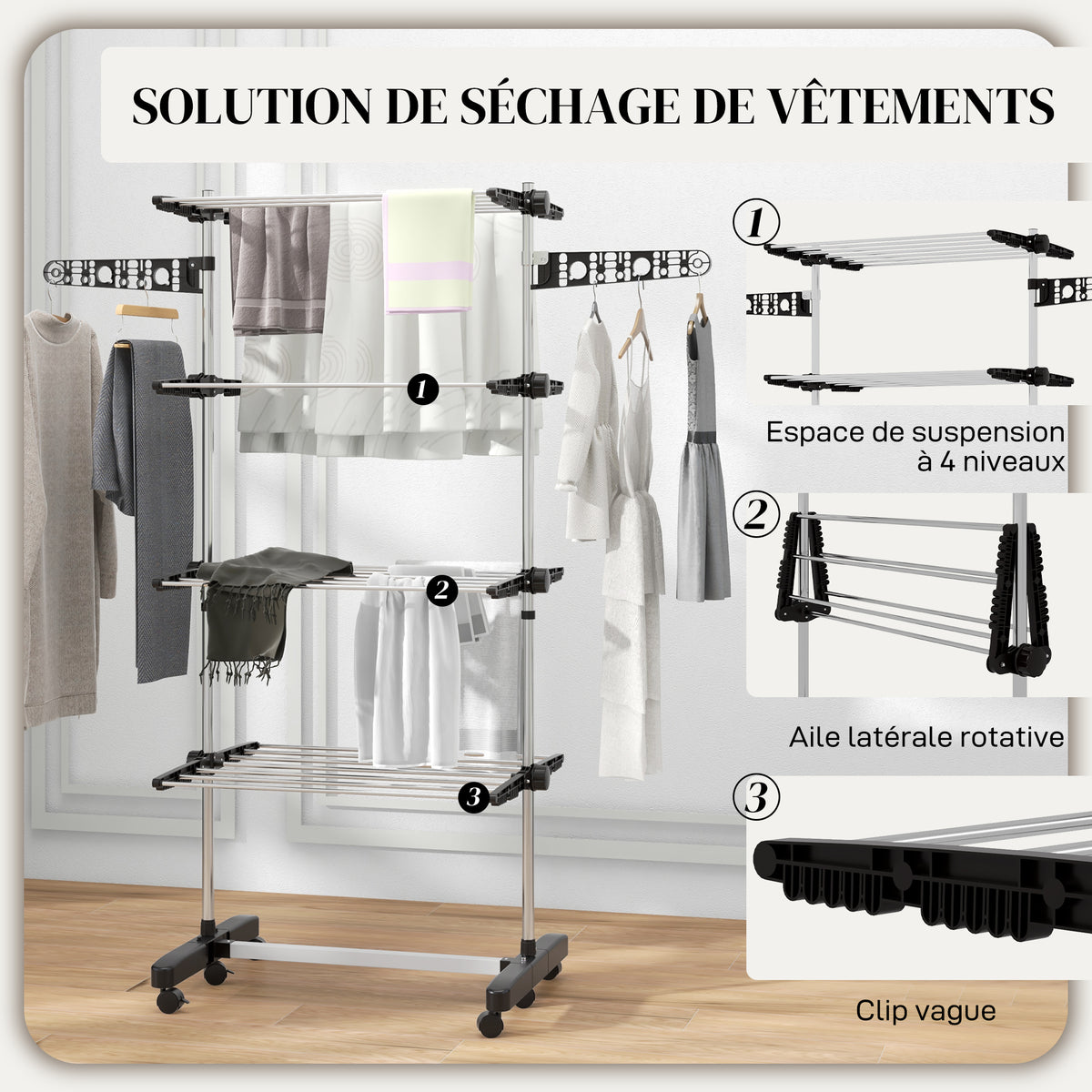 Séchoir à Linge étendoir pliable ailes latérales utilisation intérieur et extérieur 142 x 55 x 172 cm 4 niveaux noir-4