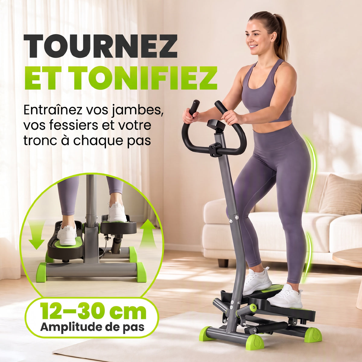 Stepper avec guidon stepper fitness appartement écran LCD résistance réglable acier gris vert noir-3