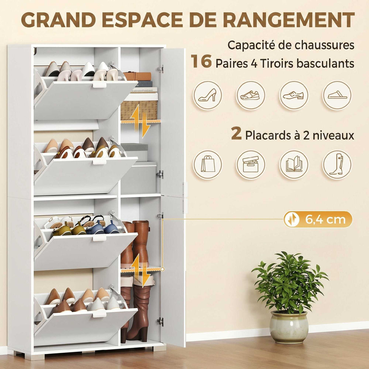 Meuble à chaussures 16 paires armoire à chaussures 4 tiroirs rabattables 2 portes en miroir étagères réglables blanc-4