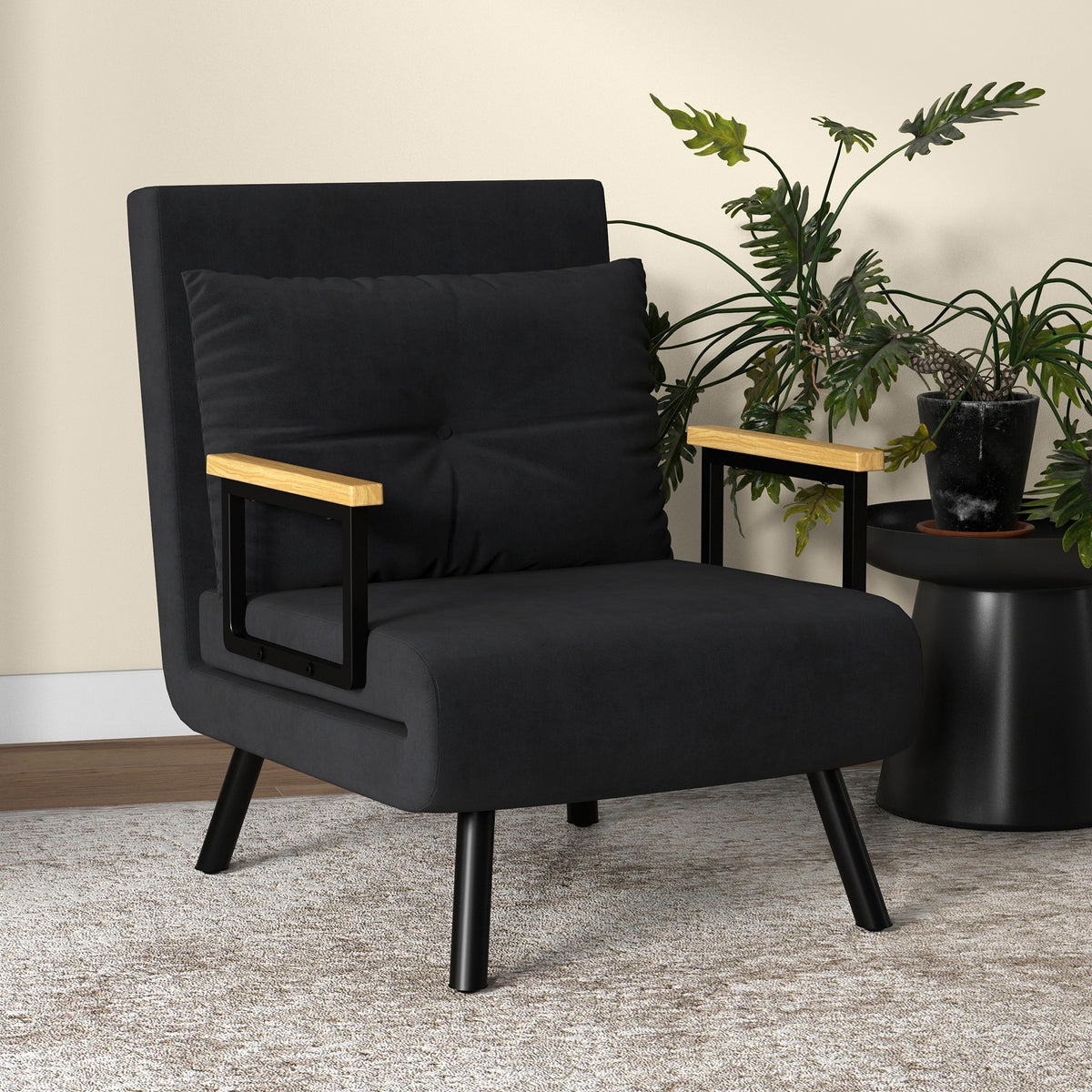 Fauteuil convertible 4 en 1 lit 1 place dossier 5 positions, accoudoirs en bois et coussin, tissu effet velours, noir-6