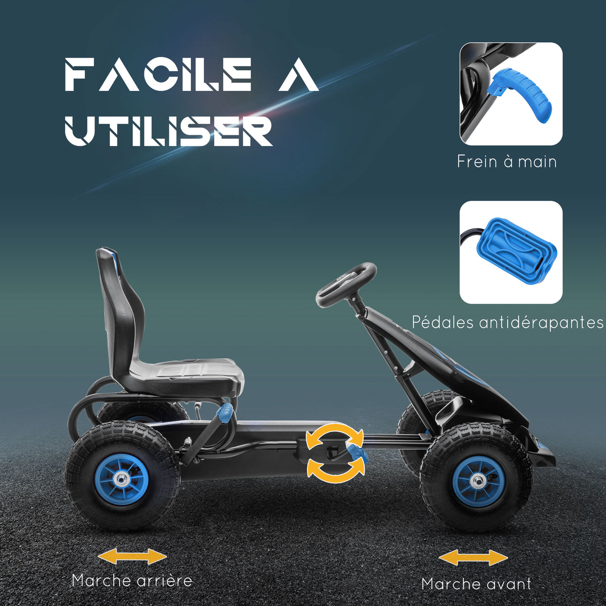 Kart à pédales pour enfant siège réglable 3 positions frein à main enfant de 5 à 12 ans bleu noir-4